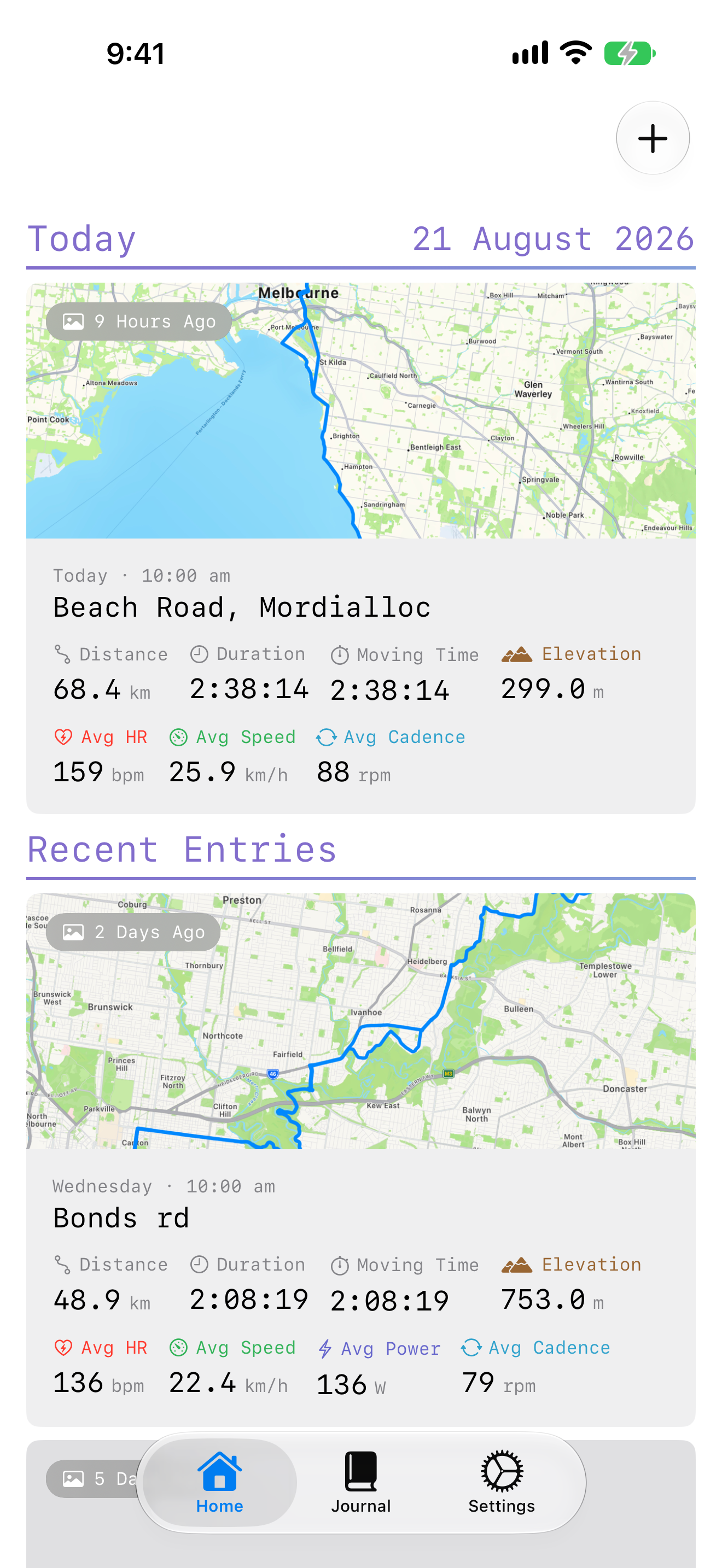 The home tab showing recent rides as cards, grouped by date.