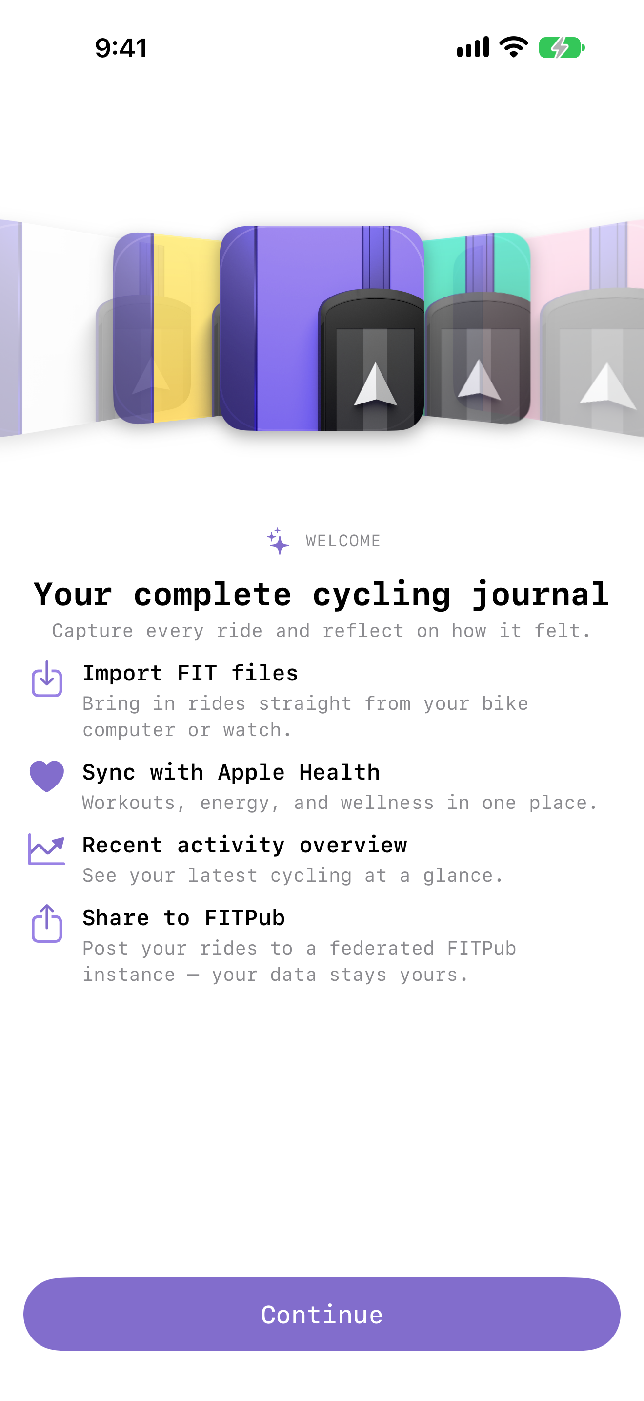 The first walkthrough step, introducing Ride Journal as your complete cycling journal.