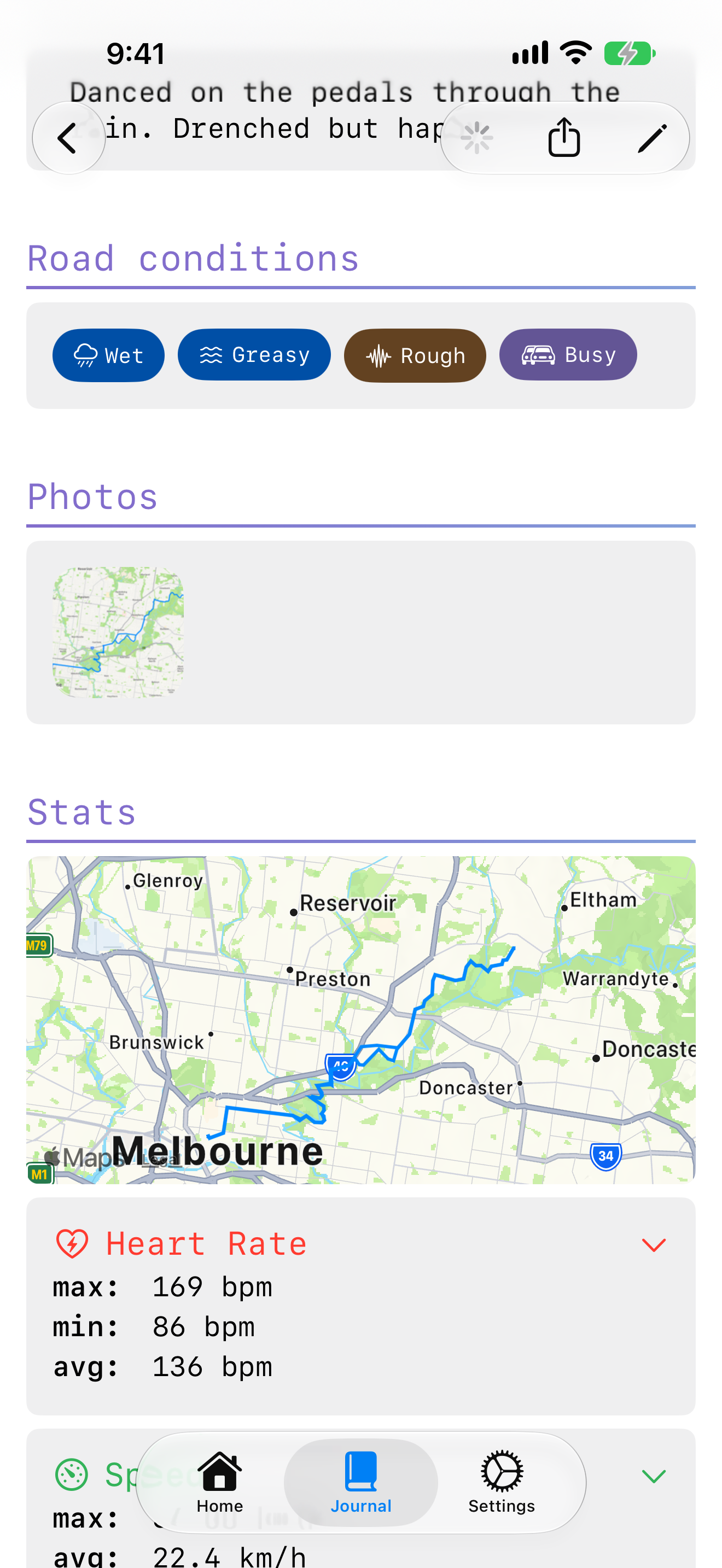 The road conditions card, showing the tags recorded for the ride.