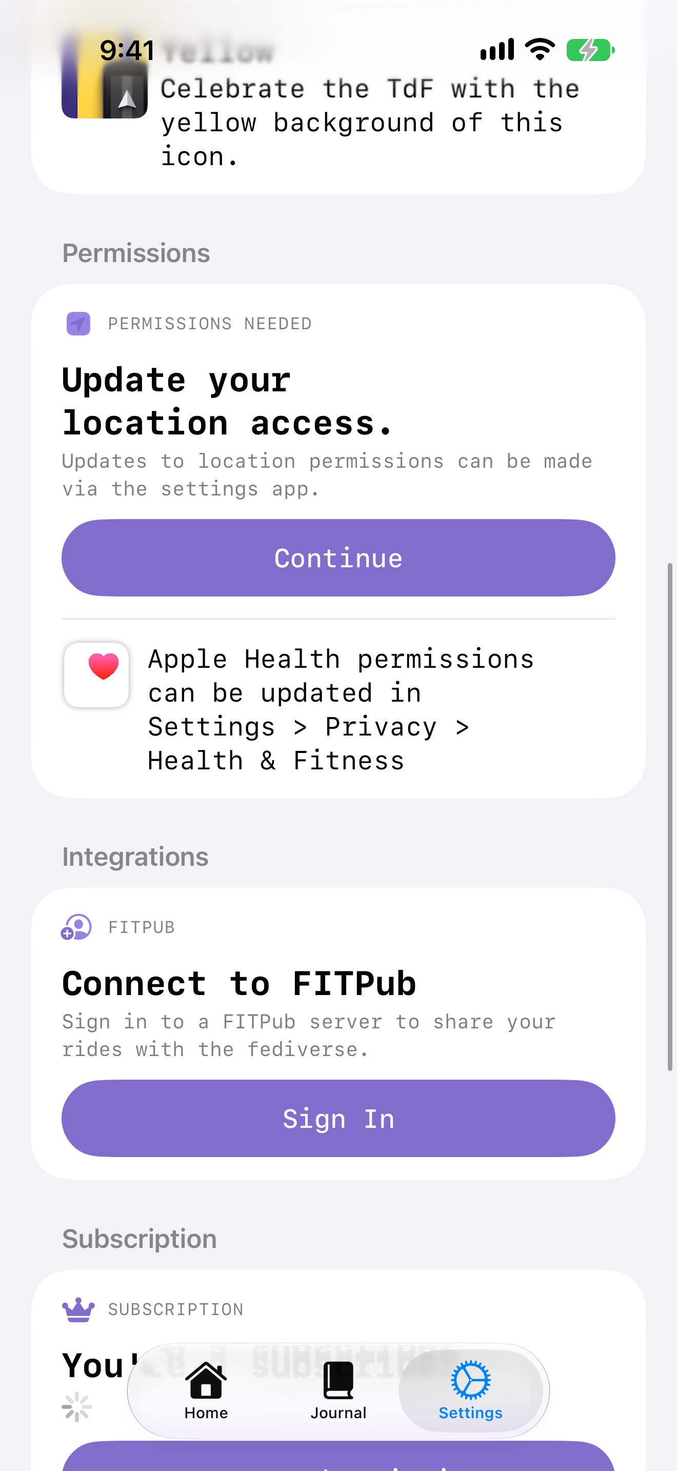 The permissions section, covering location and Apple Health.
