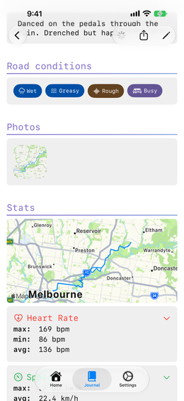 The road conditions card, showing the tags recorded for the ride.