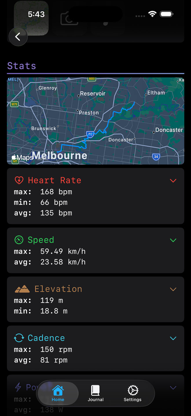 Ride Journal on iOS — journal stats