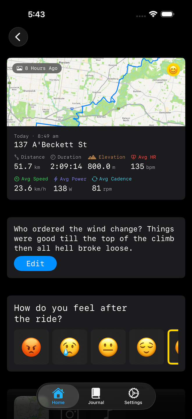 Ride Journal on iOS — journal hero