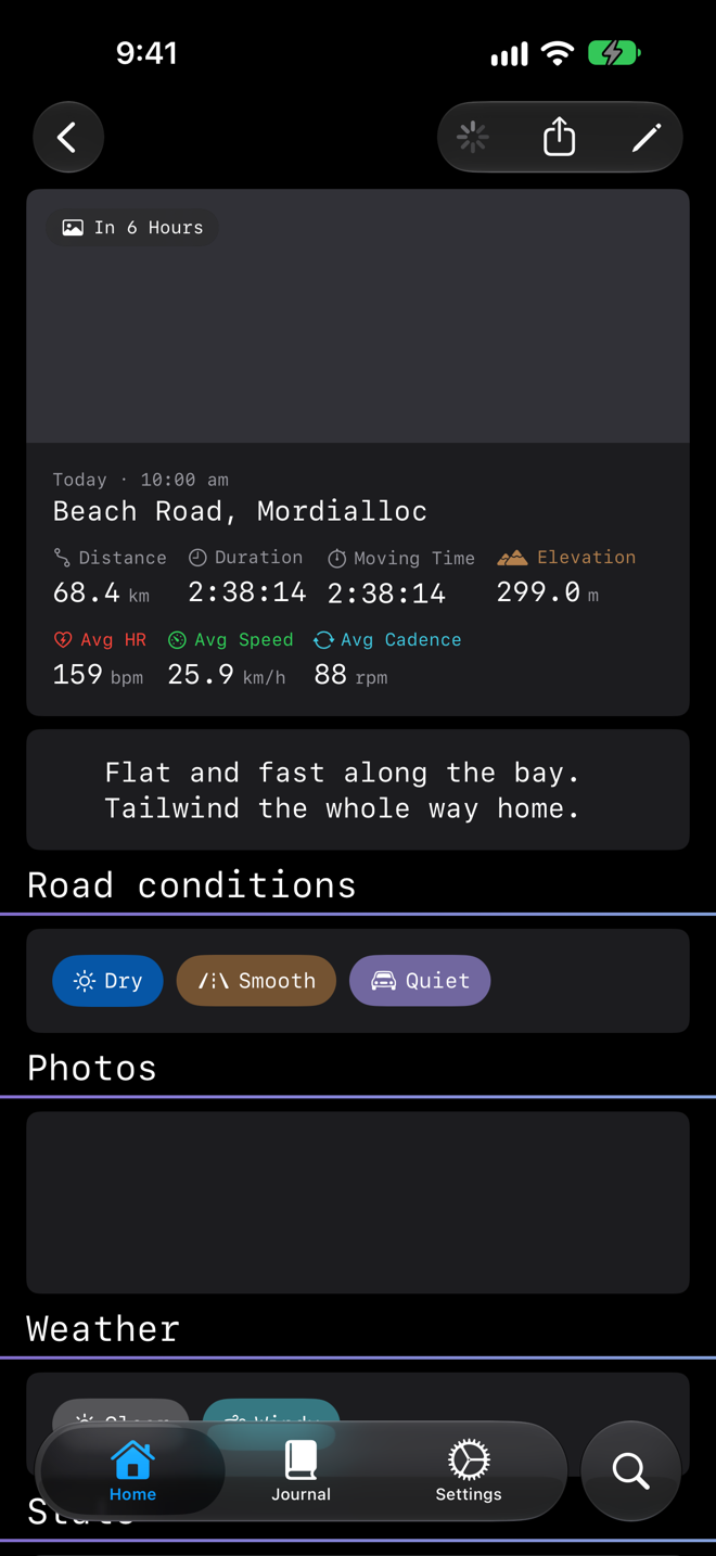 Ride Journal on iOS — journal entry hero