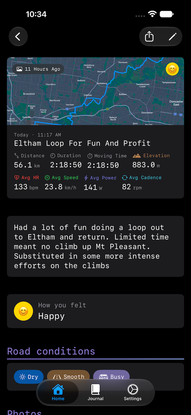 Ride Journal on iOS — journal entry hero