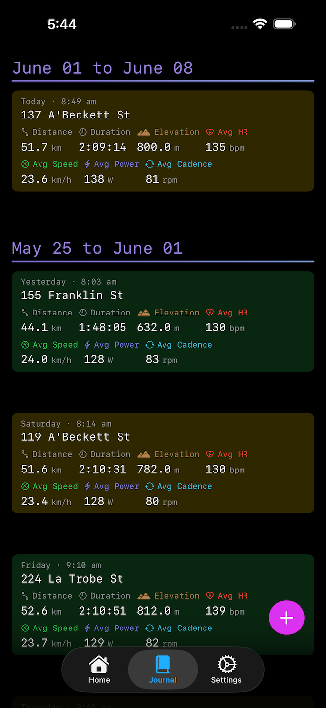 Ride Journal on iOS — journal list