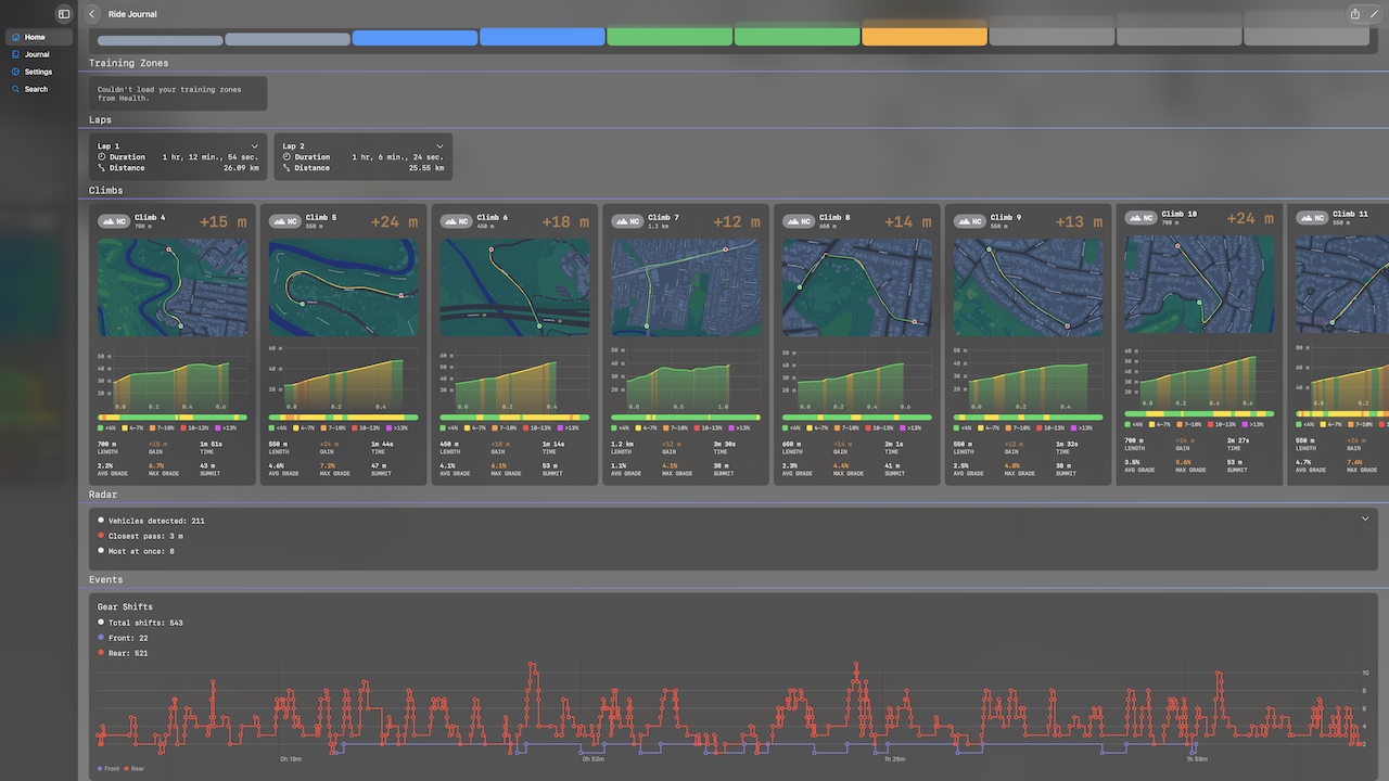 Ride Journal on macOS — journal entry climbs
