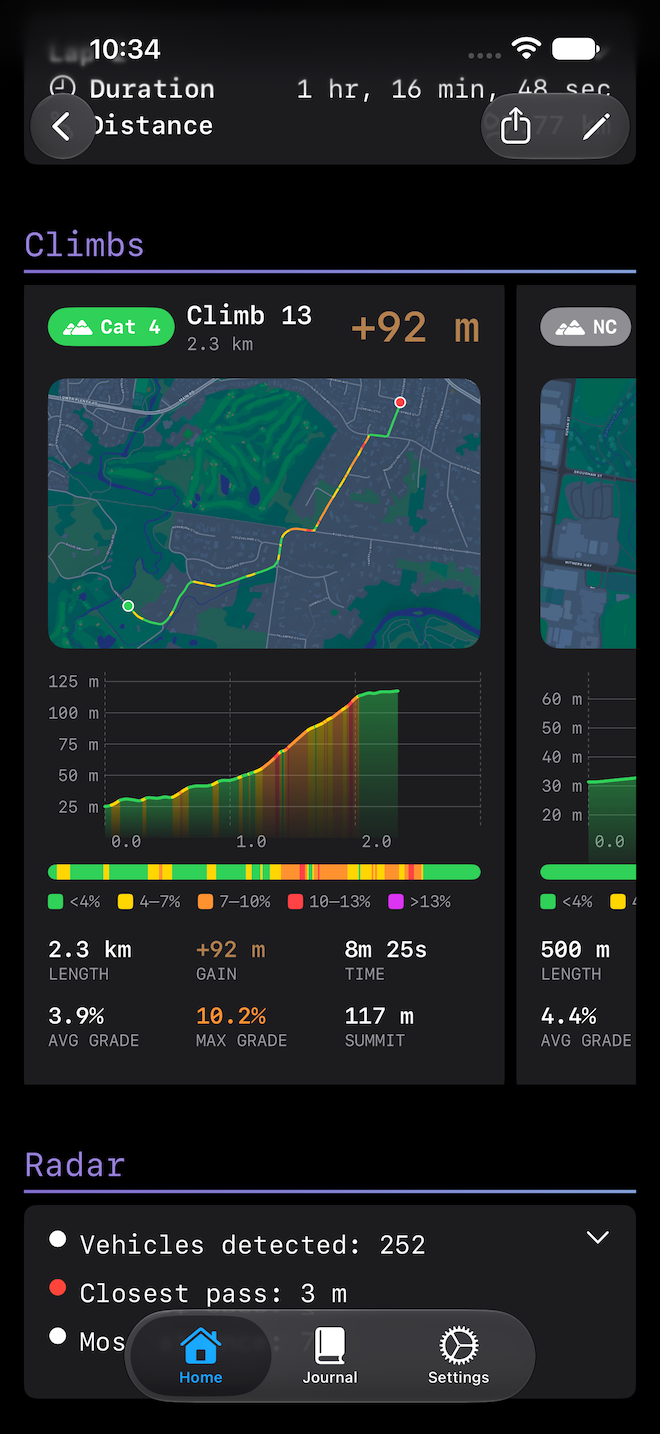 Ride Journal on iOS — journal entry climbs
