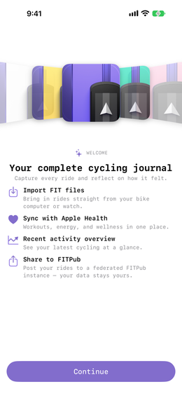 The first walkthrough step, introducing Ride Journal as your complete cycling journal.