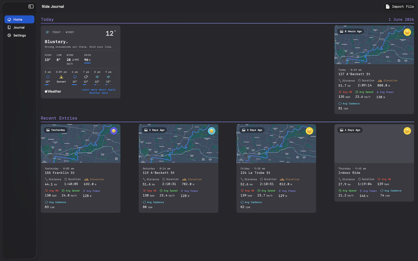 Ride Journal on macOS — home tab