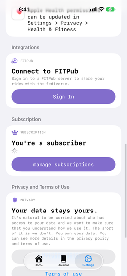 The integrations section, offering sign-in to a FITPub instance.