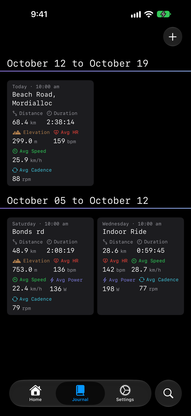 Ride Journal on iOS — journal entry list