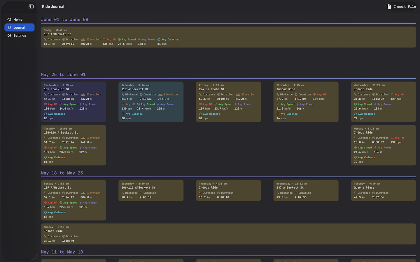 Ride Journal on macOS — journal list