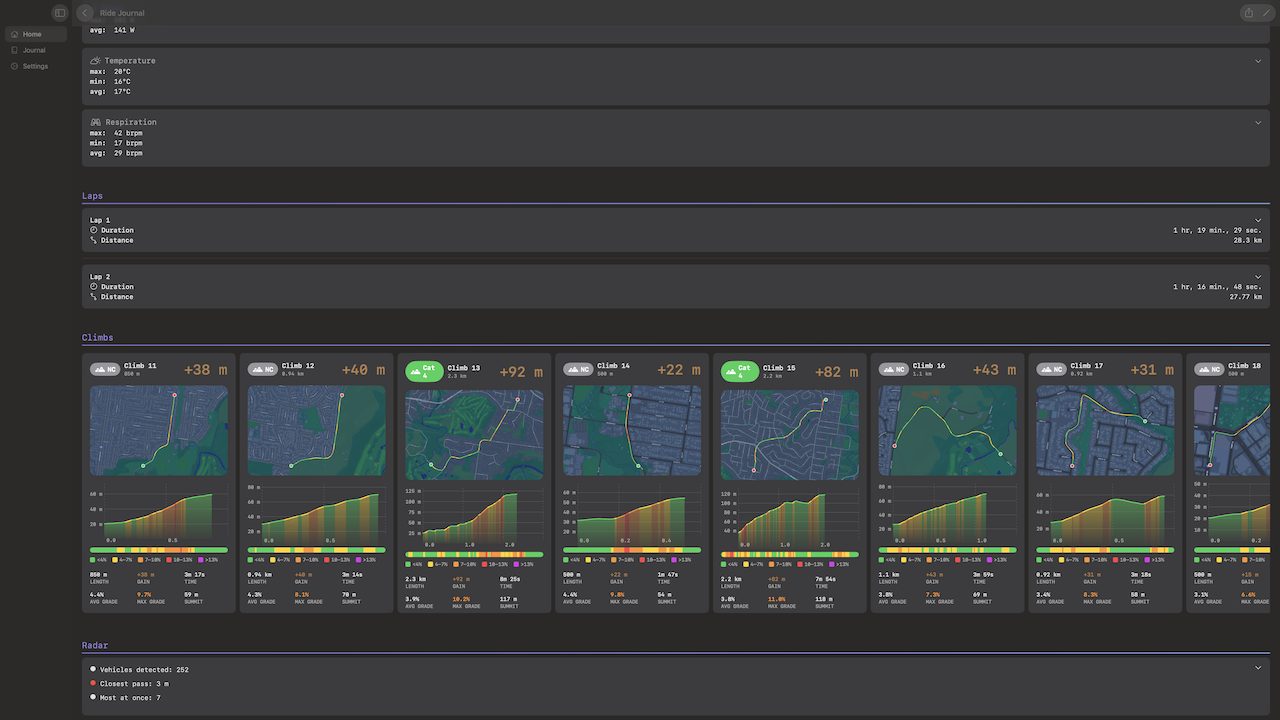 Ride Journal on macOS — journal entry climbs