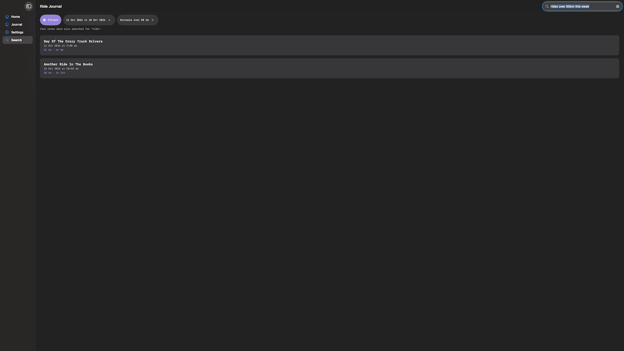 Ride Journal on macOS — search results