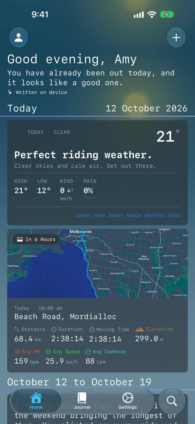 Ride Journal on iOS — home