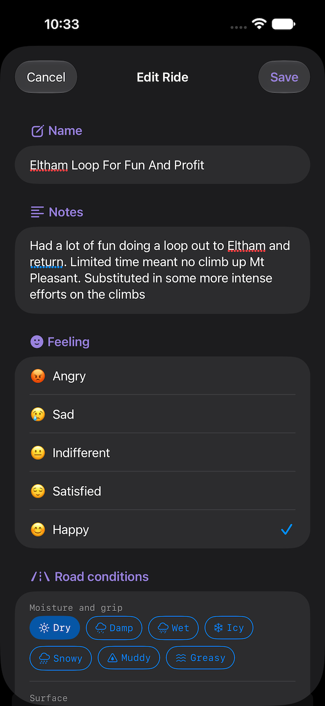 Ride Journal on iOS — edit journal entry