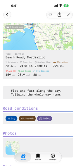 The top of a journal entry: the ride card, notes and how the ride felt.