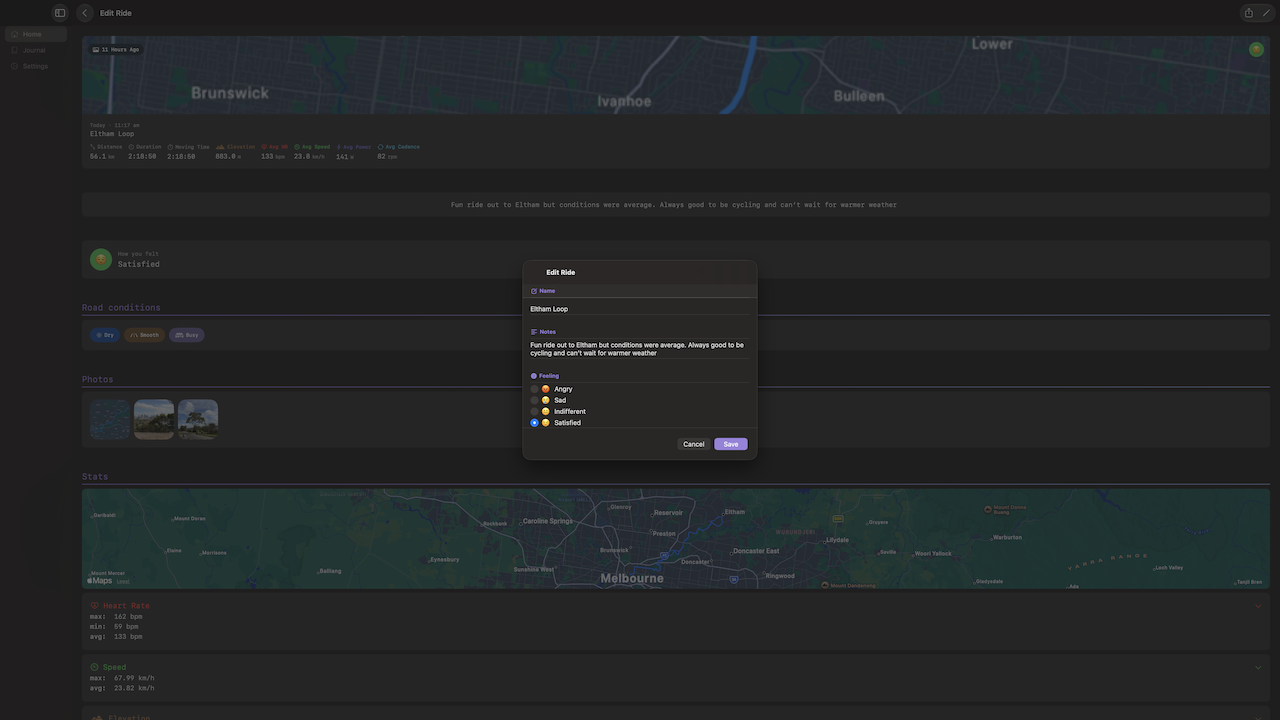 Ride Journal on macOS — edit journal entry