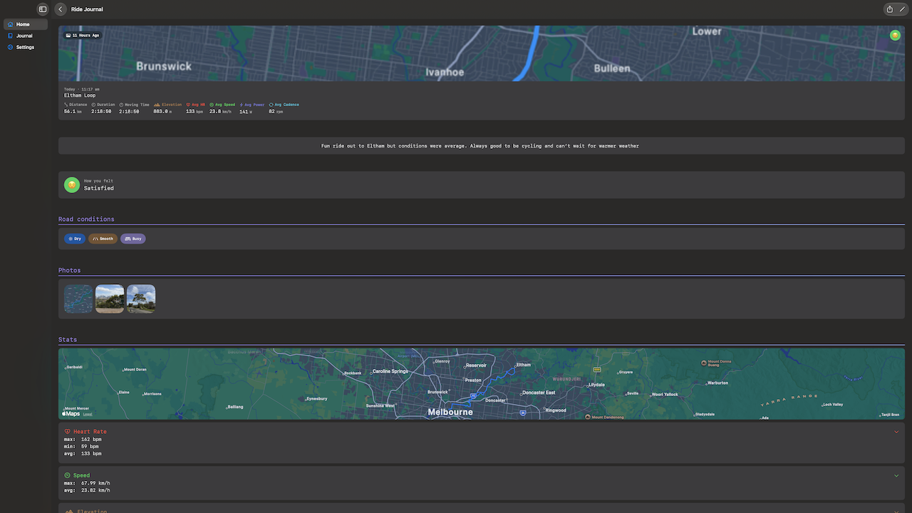 Ride Journal on macOS — journal entry hero