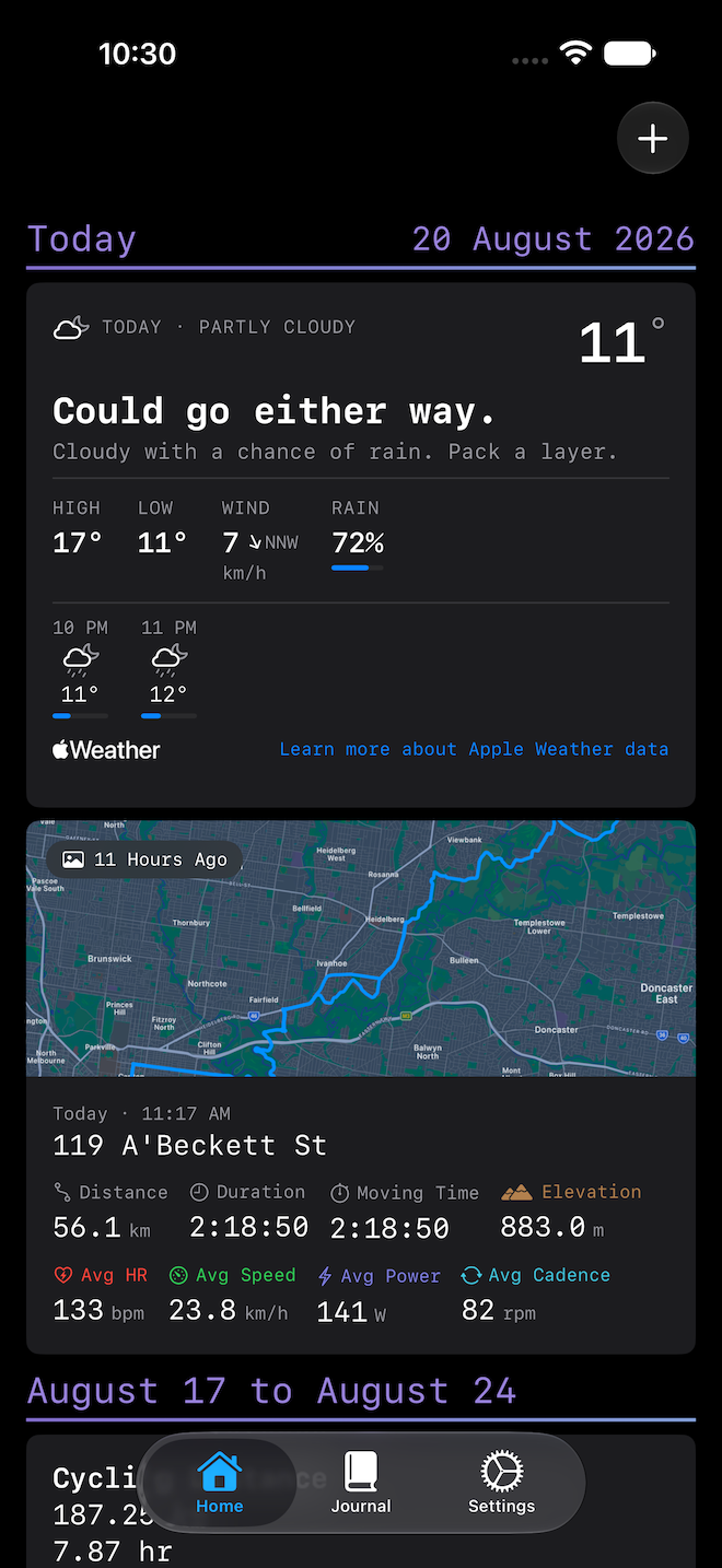 Ride Journal on iOS — home