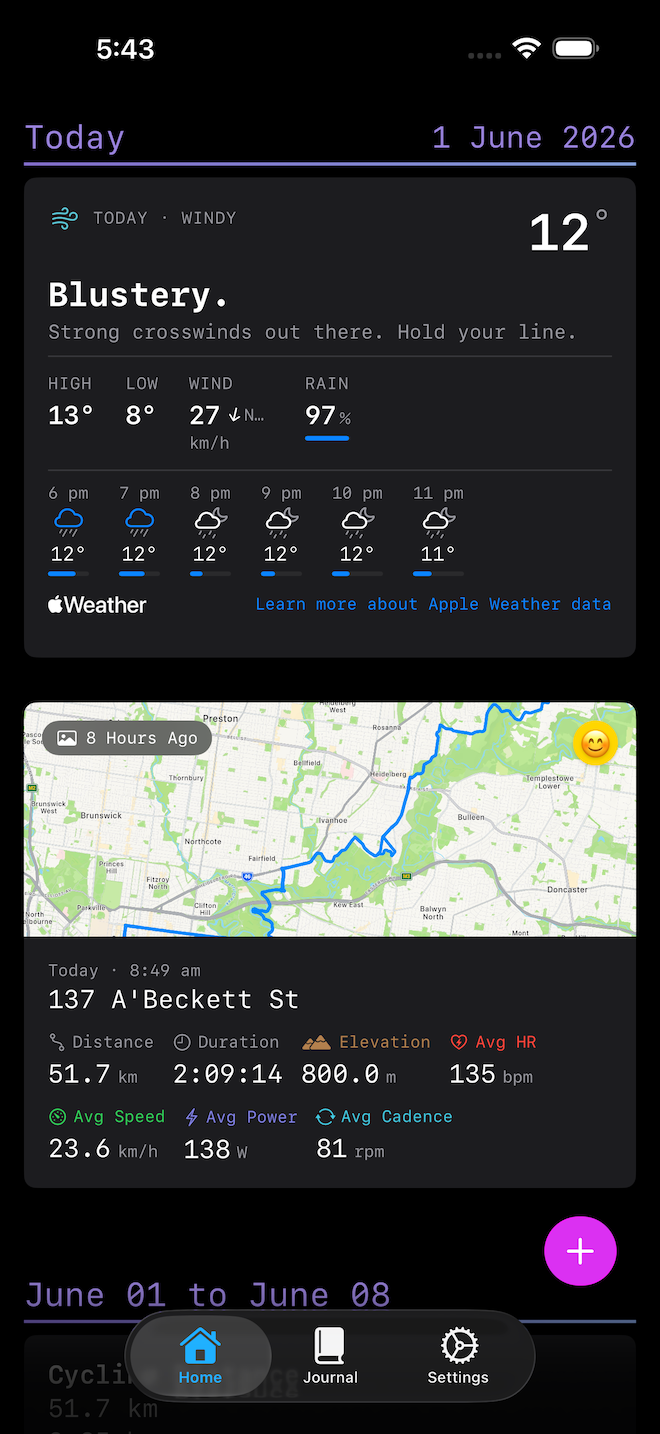 Ride Journal on iOS — home tab