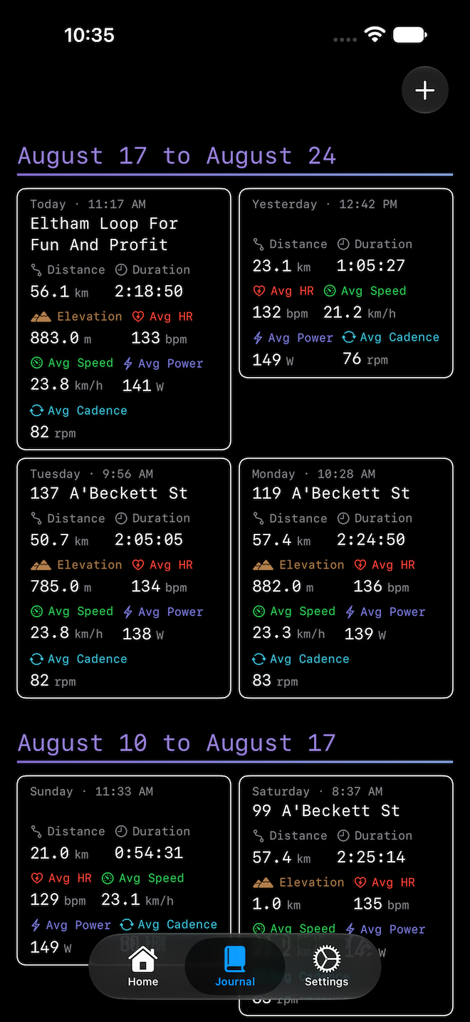 Ride Journal on iOS — journal entry list