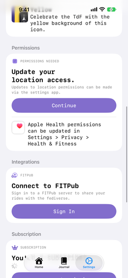 The permissions section, covering location and Apple Health.